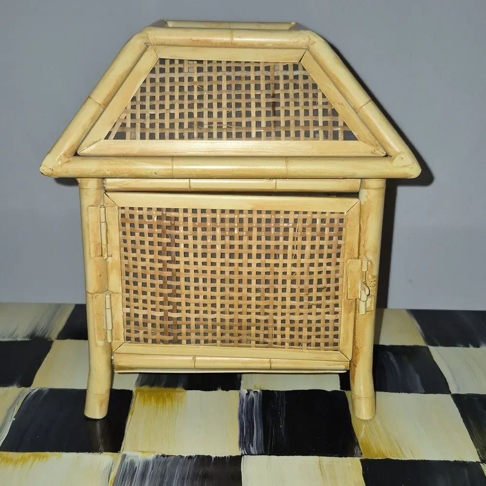 Vintage Metal Bamboo & Raffia MCM Tiki Hut Tea Light Holder Boho